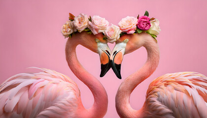 Naklejka premium two, flamingos, flamingo, swans, with, creating, new, heart, shape, speed, head, portrait, like, a, bird, pink, animal, nature, love, valentine, day, concept, card, design, close up, wedding, ad, 2