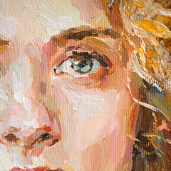 Cute beautiful girl holding her hair. Fragment of oil painting on canvas. .Portrait of a women with...