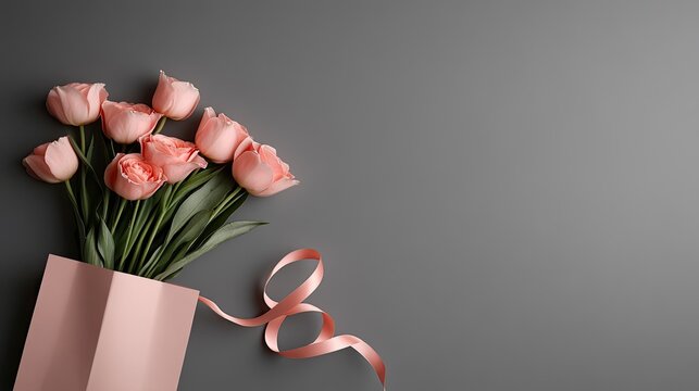 Colorful flowers arranged in a pink bag with a ribbon, perfect for mother's day or valentine's day greeting card design