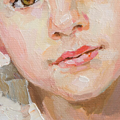 Fragment of an oil painting.  Portrait of a woman. The art is done in a realistic manner.