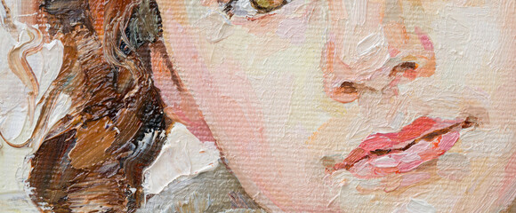 Fragment of an oil painting.  Portrait of a woman. The art is done in a realistic manner.