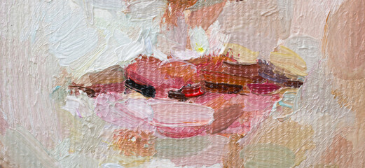 Fototapeta premium Cute beautiful girl holding her hair. Fragment of oil painting on canvas. .Portrait of a women with brown eyes and brown hair.