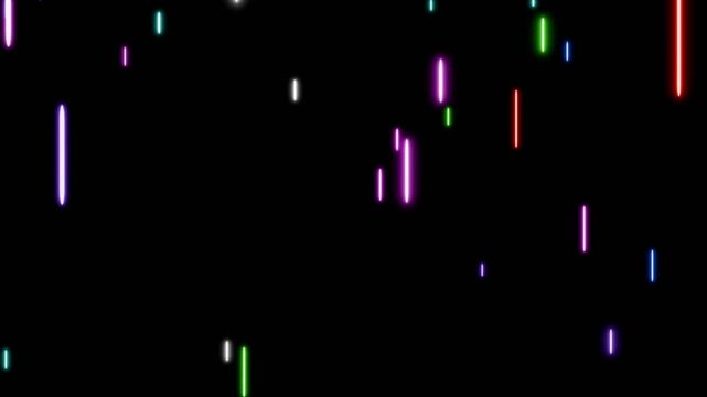 Colorful neon 3D Dinamic Background. Falling laser rain. random colors on black background