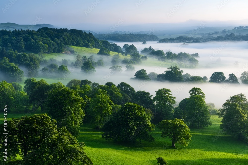 Leinwandbilder morning fog envelops a tranquil forest as dawn breaks, casting soft light over the trees and creatin