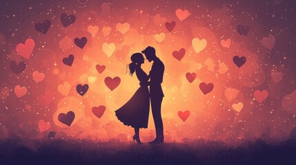 Illustration of a man and woman in love, standing close together and embracing under the stars.