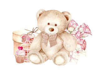 Watercolor illustration with teddy bear, envelopes and rose flowers. The composition is hand drawn. The drawing is suitable for decoration of children's rooms, gifts, holidays.