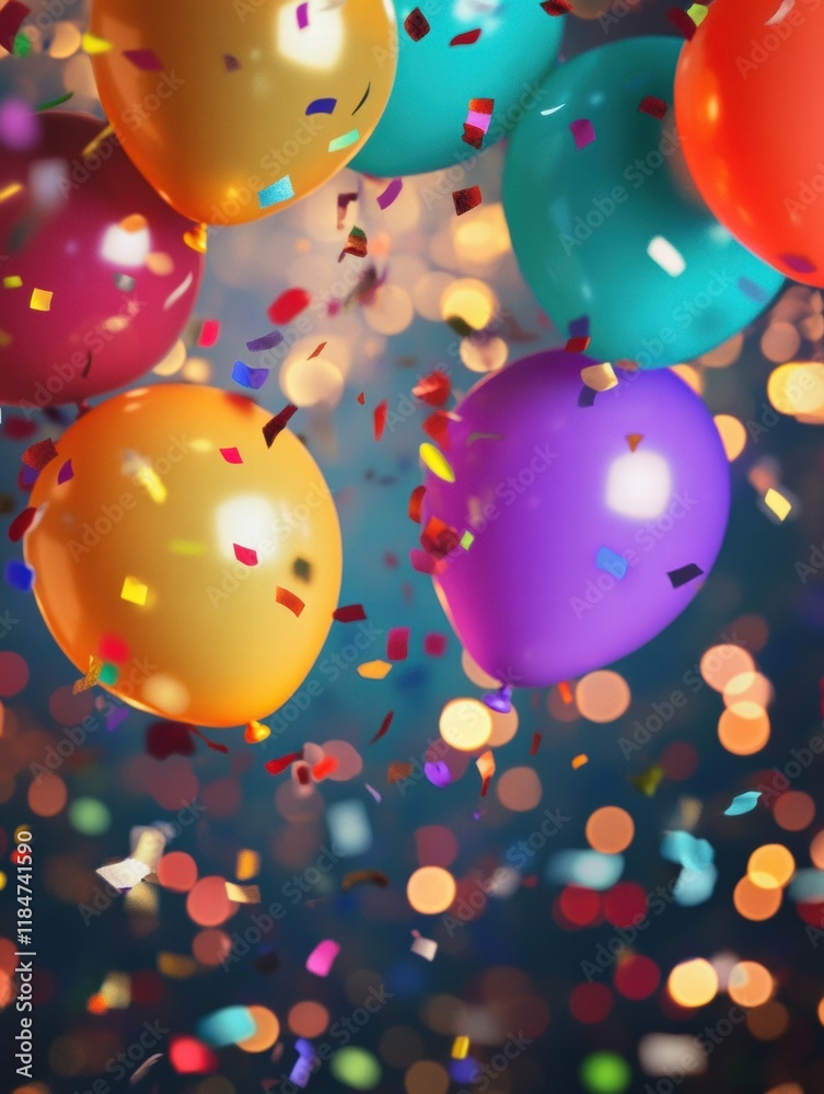 Poster Festive balloons and colorful confetti create a vibrant celebration backdrop for parties and joyous occasions. Generative AI