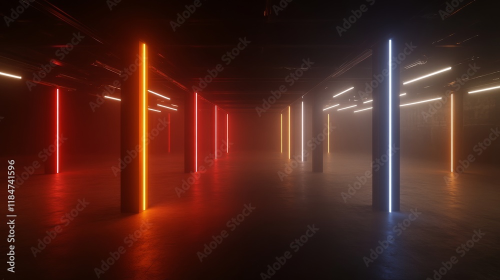 Poster Modern industrial studio features abstract shapes and shadows illuminated by vibrant neon LED lights, creating a captivating and artistic environment
