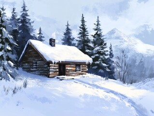 Snowy Log Cabin nestled in a Winter Mountain Forest