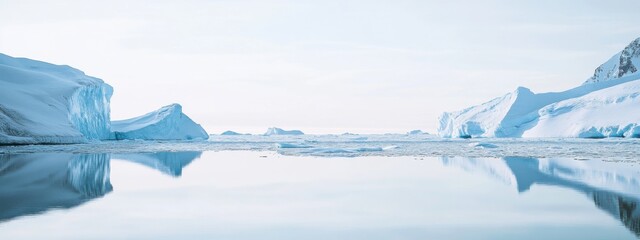 A serene view of a frozen, crystal-clear lake in Antarctica, reflecting the towering icebergs and a pale winter sky