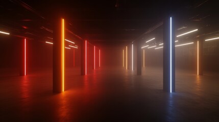 Modern industrial studio features abstract shapes and shadows illuminated by vibrant neon LED lights, creating a captivating and artistic environment