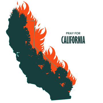 Illustration Vector Graphic Of Fire In California State, USA. Trees Burn In Red, Orange Wildfire. Creek Fire In The Forest. Pray For California's Creek Fire Concept. Flat Style.