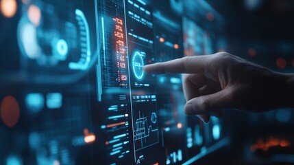 Hand touching futuristic holographic interface showing various manufacturing production data, diagrams and statistics in a dark technological control room