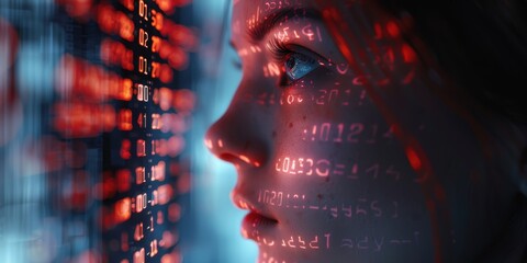 Overlay of a female programmer engaging with cybersecurity data, representing digital transformation and advanced technology in the realm of artificial intelligence and cloud computing