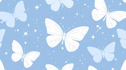 Pastel blue butterfly pattern, stars, hearts, textile design