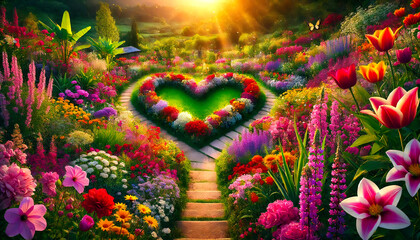 Heart-Shaped Garden Path with Rainbow Blooms