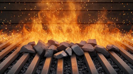 fiery coals in a metal barbecue, with sparks flying upward and a smoky haze in the air