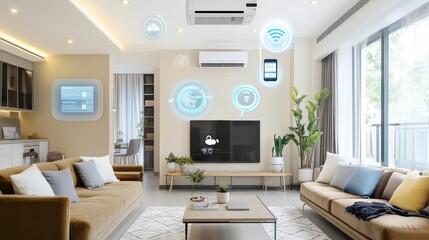 Fototapeta premium Modern living room, smart home technology displayed.