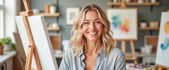 Smiling woman in artist studio with vibrant canvas, creative joy. Banner for International Women's Day celebration 