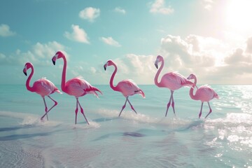 Naklejka premium Four flamingos stroll across a sunlit sandbar, gracefully wading through shallow water, showcasing their vibrant pink feathers against a serene backdrop of clouds and ocean waves