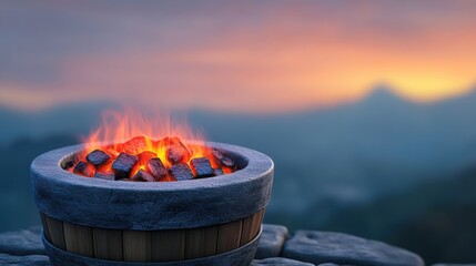 smoldering embers in a traditional brazier, with intense heat radiating from the coals
