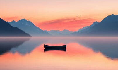 Tranquil Sunrise Over Misty Lake with Canoe and Mountain Reflections