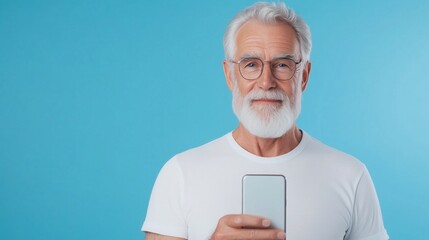 An elderly man in a white t-shirt holds a smartphone, isolated against a blue background.