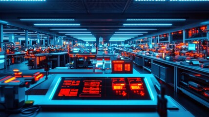 A futuristic control room filled with glowing red and blue technology, featuring numerous screens and intricate devices, creating a high-tech atmosphere.