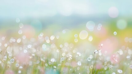 Obraz premium Soft-focus bubbles in pastel tones floating over a blurred meadow, peaceful and fresh, colorful bubbles, springtime theme