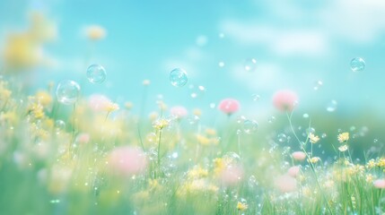 Obraz premium Soft-focus bubbles in pastel tones floating over a blurred meadow, peaceful and fresh, colorful bubbles, springtime theme