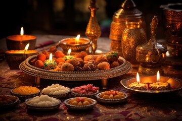 A warm candlelit ambiance featuring an array of Indian sweets displayed on an ornate platter alongside traditional decor during a festive celebration
