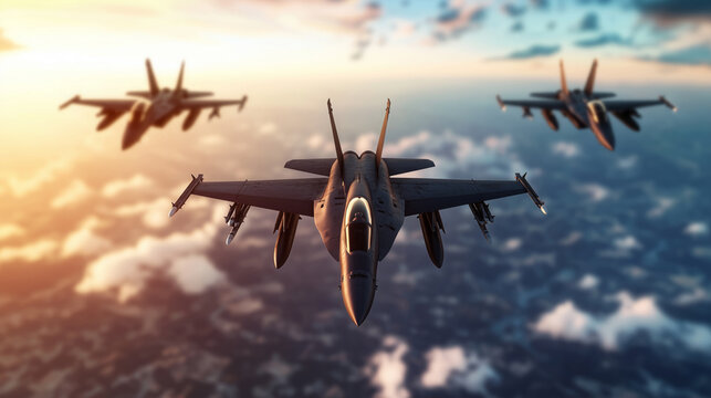 Three military fighter jet flying in the sky over land. - Powered by Adobe