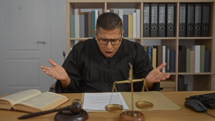 Young hispanic man in a judge's robe reading a document with a shocked expression in an office...