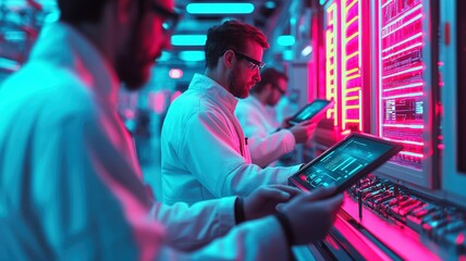 A futuristic lab scene with scientists in white coats interacting with glowing technology and digital devices in a vibrant environment.