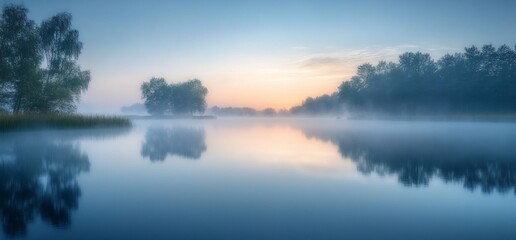 Misty sunrise over calm lake with tree reflections.