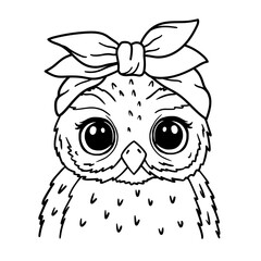 Owl black and white hand drawn portrait. Owl with bandana. Cute owl face in line art. Owl head. Sketch vector illustration. Coloring pages for children. Good for posters, t shirts, postcards.