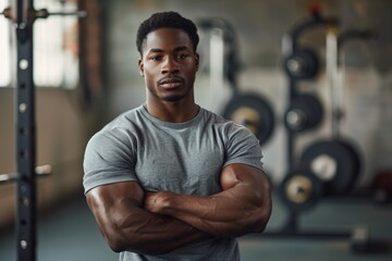 Obraz premium Serious male trainer in gym with arms crossed, prepared for coaching fitness and exercise. Portrait of a dedicated bodybuilder ready for workout and training
