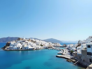 Obraz premium A Greek island village, white-washed buildings contrasting with the azure sea