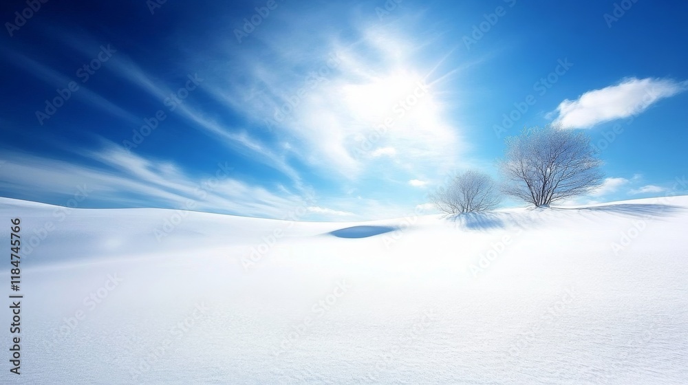 Poster gently rolling hills covered in fresh snow create a serene winter setting, with a few bare trees bat