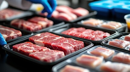Fresh Meat Cuts Displayed on Black Trays in Culinary Environment
