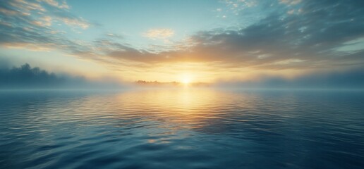 Obraz premium Misty sunrise over calm lake water with distant trees.
