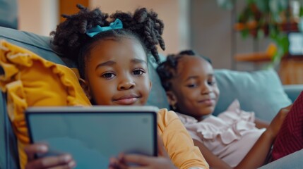 Obraz premium Young girls enjoying screen time, using a tablet for edutainment or watching cartoons while relaxing on the couch at home with their siblings