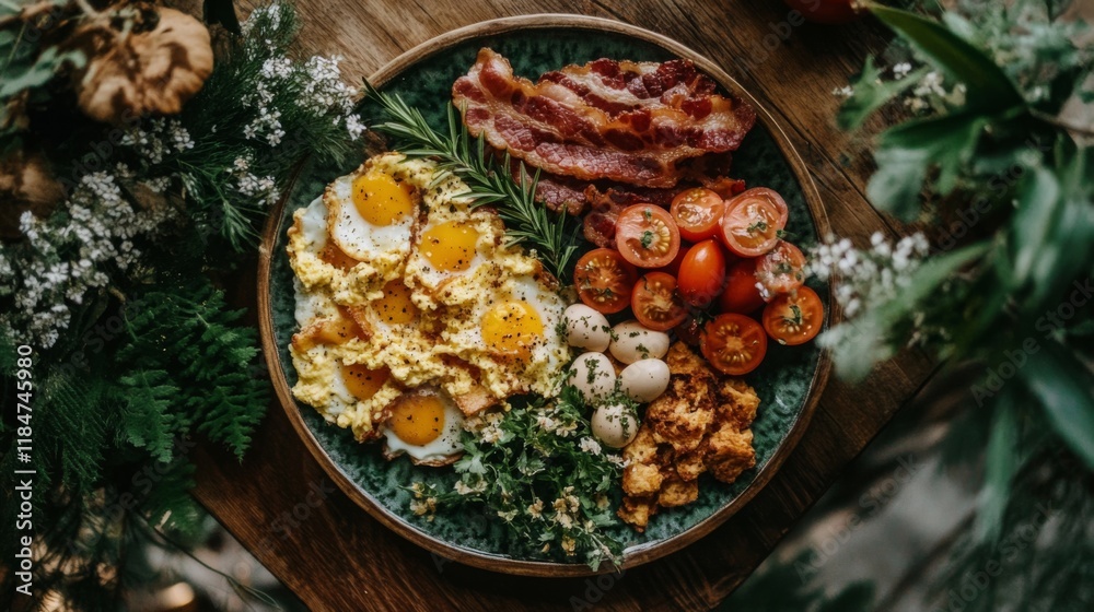 Poster A plate of bacon next to scrambled eggs and freshly sliced tomatoes, creating a hearty breakfast spread on a wooden table.