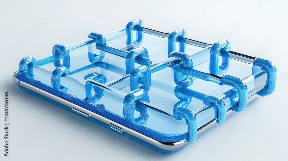 Fototapete abstract blue chain links on a transparent smartphone, symbolizing network security or connection.