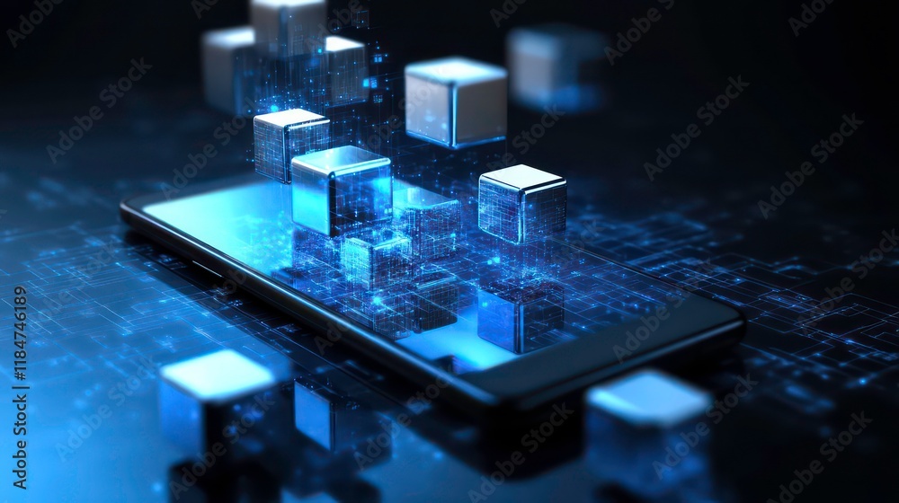 Aufkleber Glowing data cubes emerging from smartphone screen, representing digital data transfer.