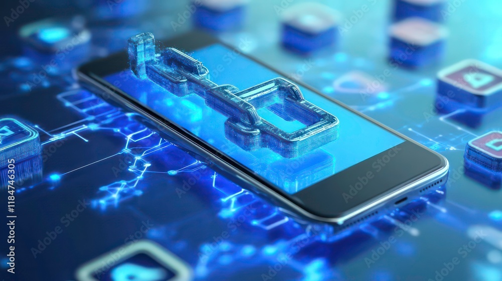Aufkleber Smartphone displaying a 3D chain link, symbolizing digital security and connection on a circuit board.
