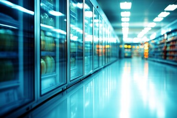 Fototapeta premium Vibrant fruits and vegetables are displayed in a refrigerated aisle of a sleek grocery store, illuminated by bright lighting and offering ample copy space for text