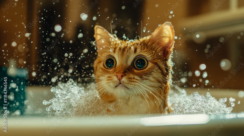 Poster a playful moment captured as a cat tries to escape from a bathtub, with water splashing around and i