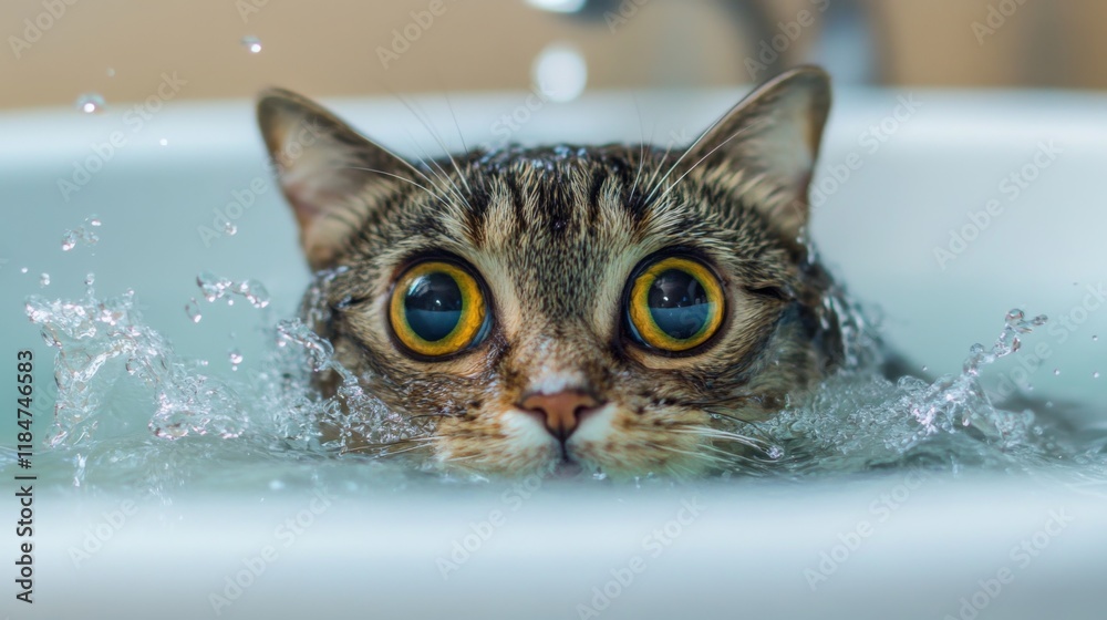 Poster a playful moment captured as a cat tries to escape from a bathtub, with water splashing around and i