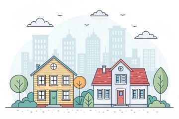 Naklejka premium cute house with city landscape illustration background